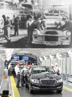 拼版照片：上图为1958年拍摄的第一汽车制造厂（资料照片）。这里生产了第一批红旗轿车；下图为2019年4月9日，在一汽红旗总装车间内，职工在对生产的红旗轿车进行静检作业。 - 广播电视